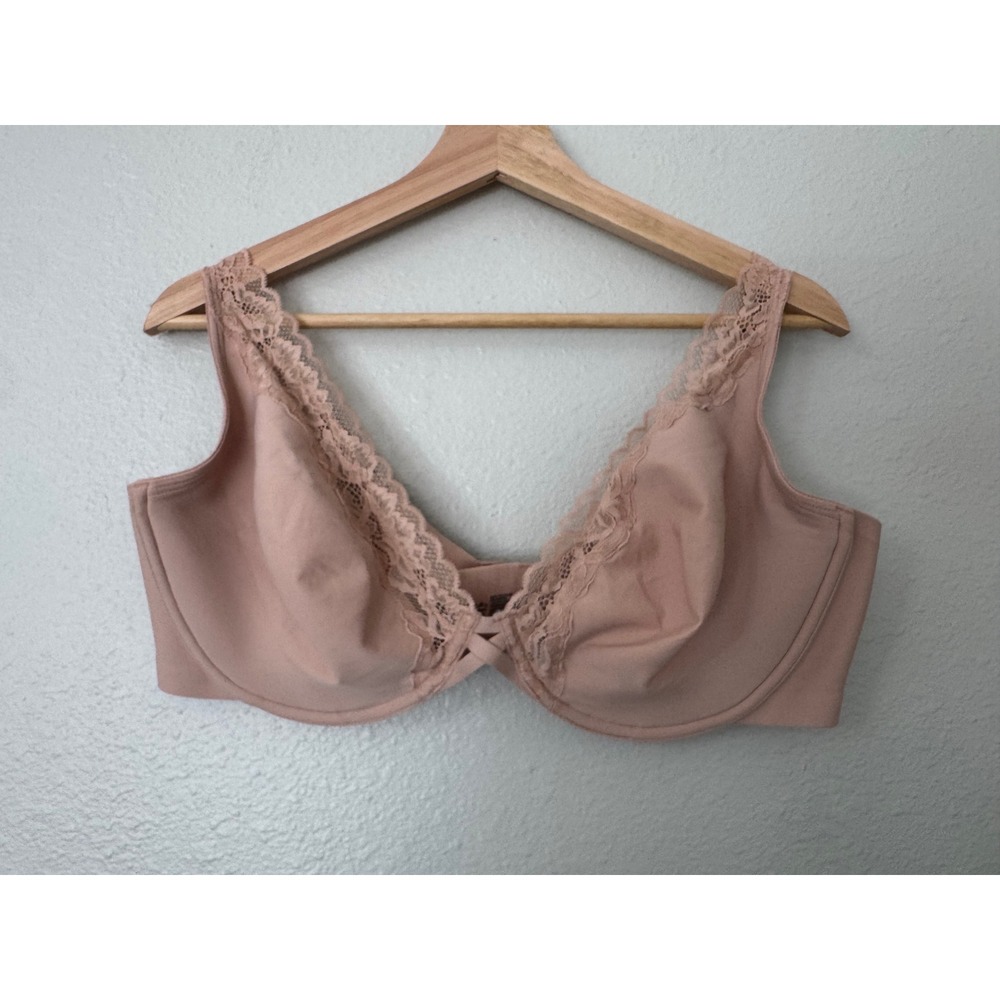 Soma Essentials Unlined Plunge Bra 40DD Beige Lace Trim Adjustable Straps‎